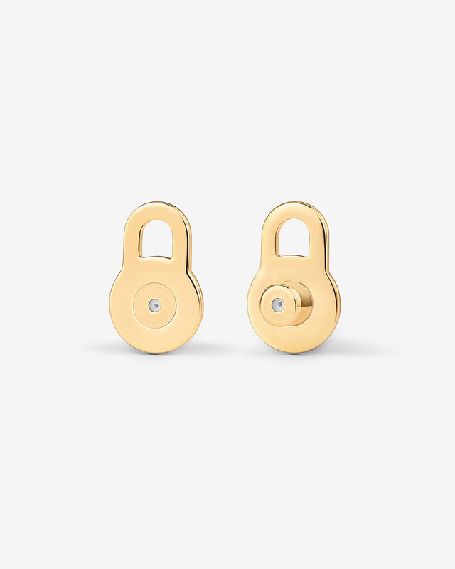 Yellow Gold Iris Lobe Lifters — pair of lock-shaped stud earrings