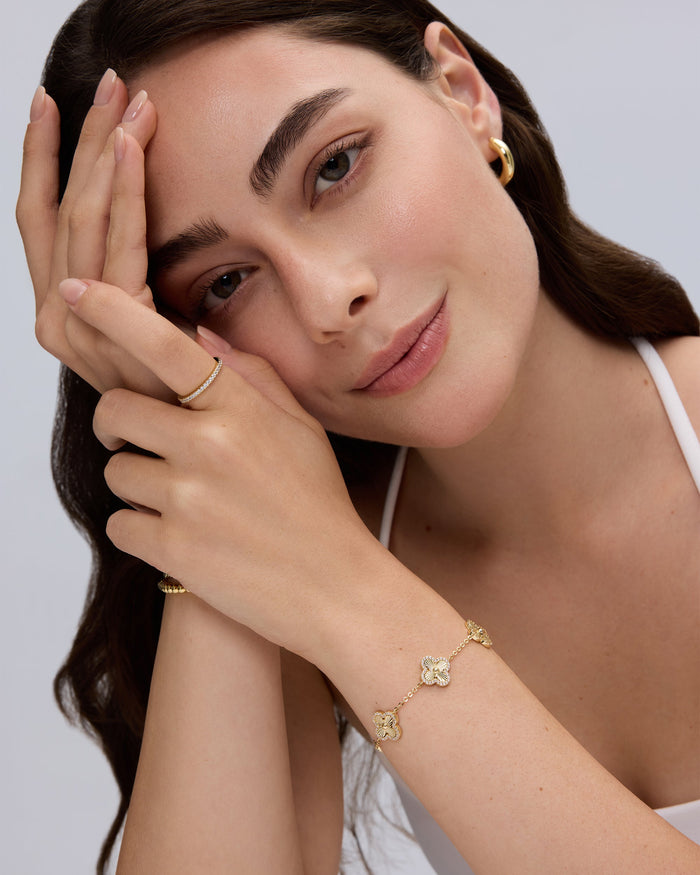 Yellow Gold Maud Clover Station Bracelet — styled close up