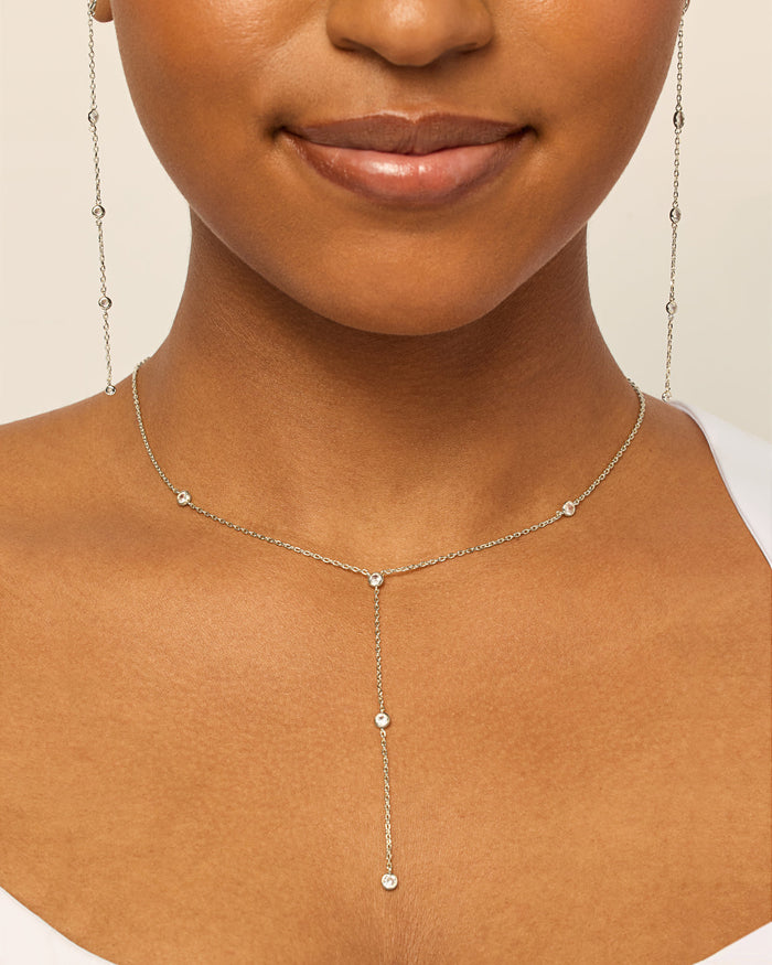 White Gold Nina Lariat Station Necklace — worn at the neckline