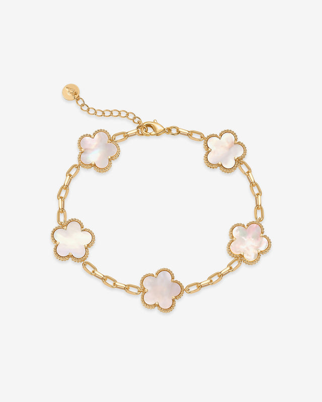 Yellow Gold Tessa Clover Bracelet — clover charm bracelet with mother of pearl