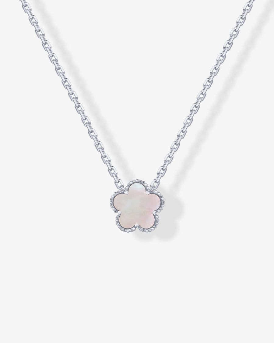 White Gold Bo Clover Necklace — rhodium plated clover pendant necklace with mother of pearl
