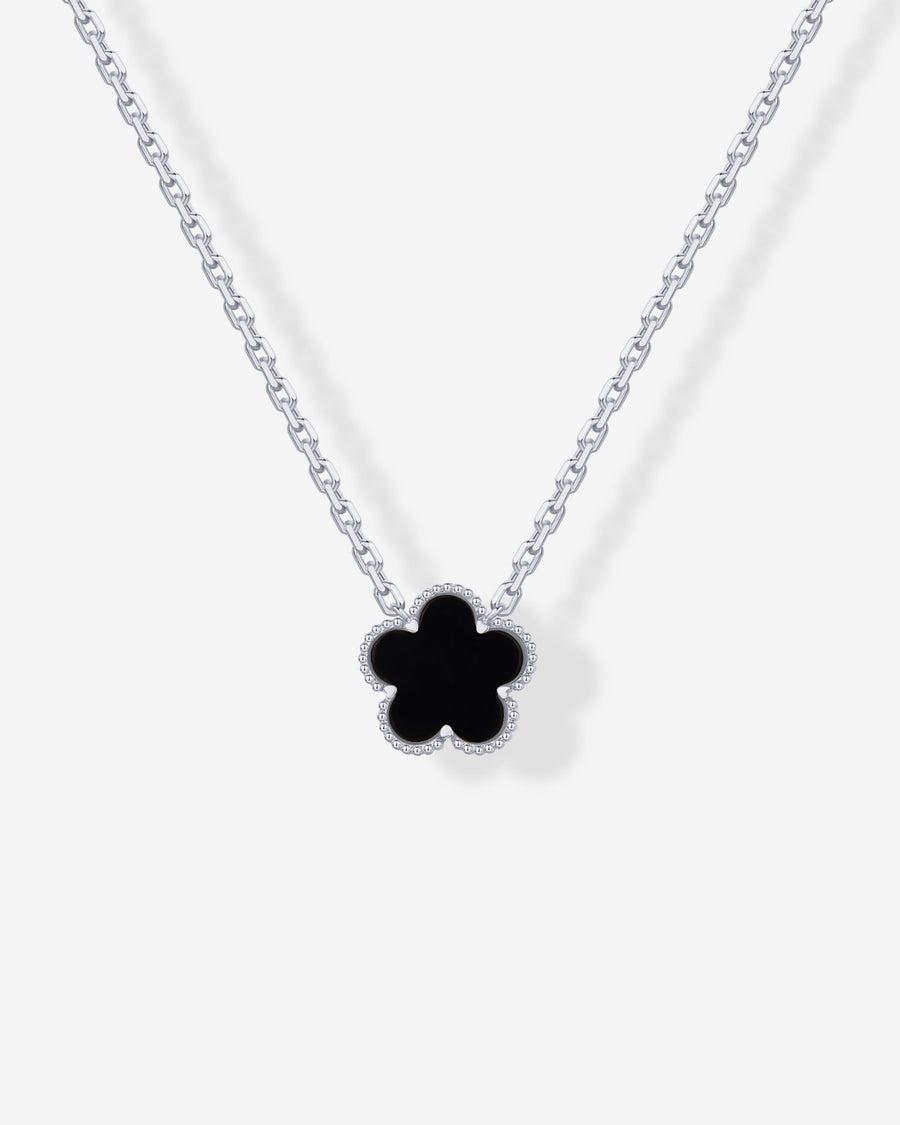 White Gold Bo Clover Necklace — rhodium plated clover pendant necklace with black onyx
