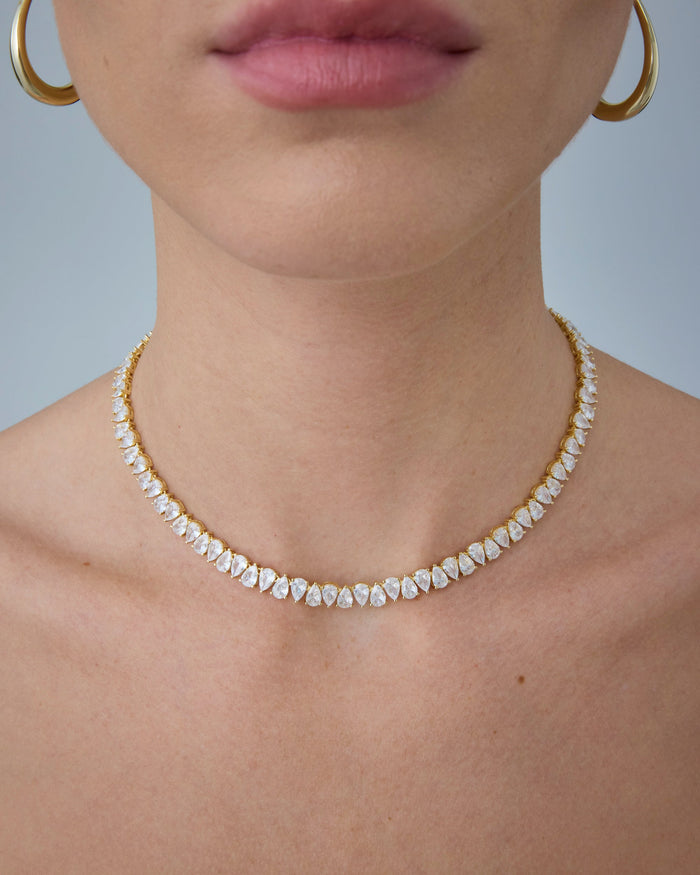 Yellow Gold Britt Pear-Cut Tennis Necklace — worn at the neckline