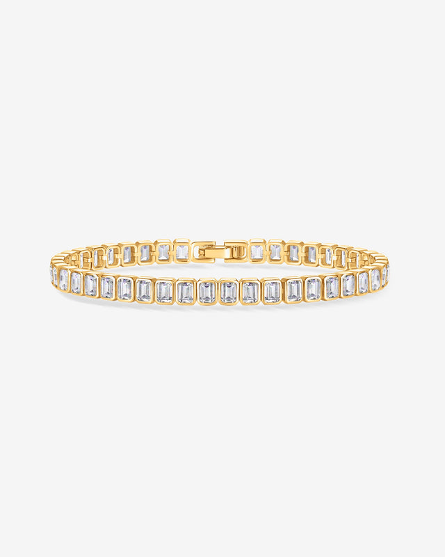 Yellow Gold Elke Emerald-Cut Tennis Bracelet — bezel-set emerald-cut cubic zirconia