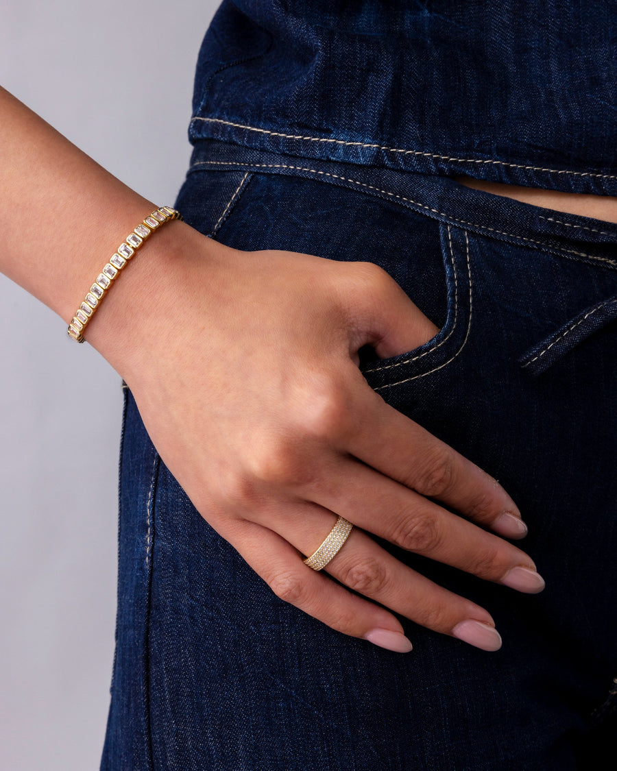 Yellow Gold Elke Emerald-Cut Tennis Bracelet — styled with rings