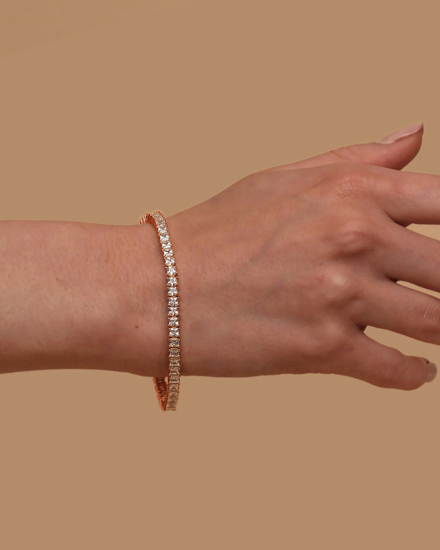 Rose Gold Esmee Princess-Cut Tennis Bracelet — worn on the wrist