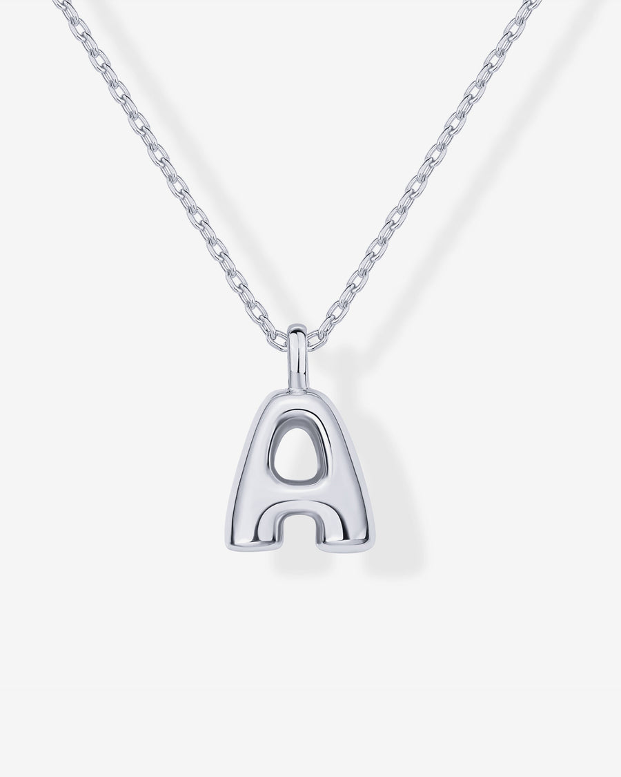 White Gold Fenna Initial Bubble Pendant — rhodium plated puffed initial charm necklace