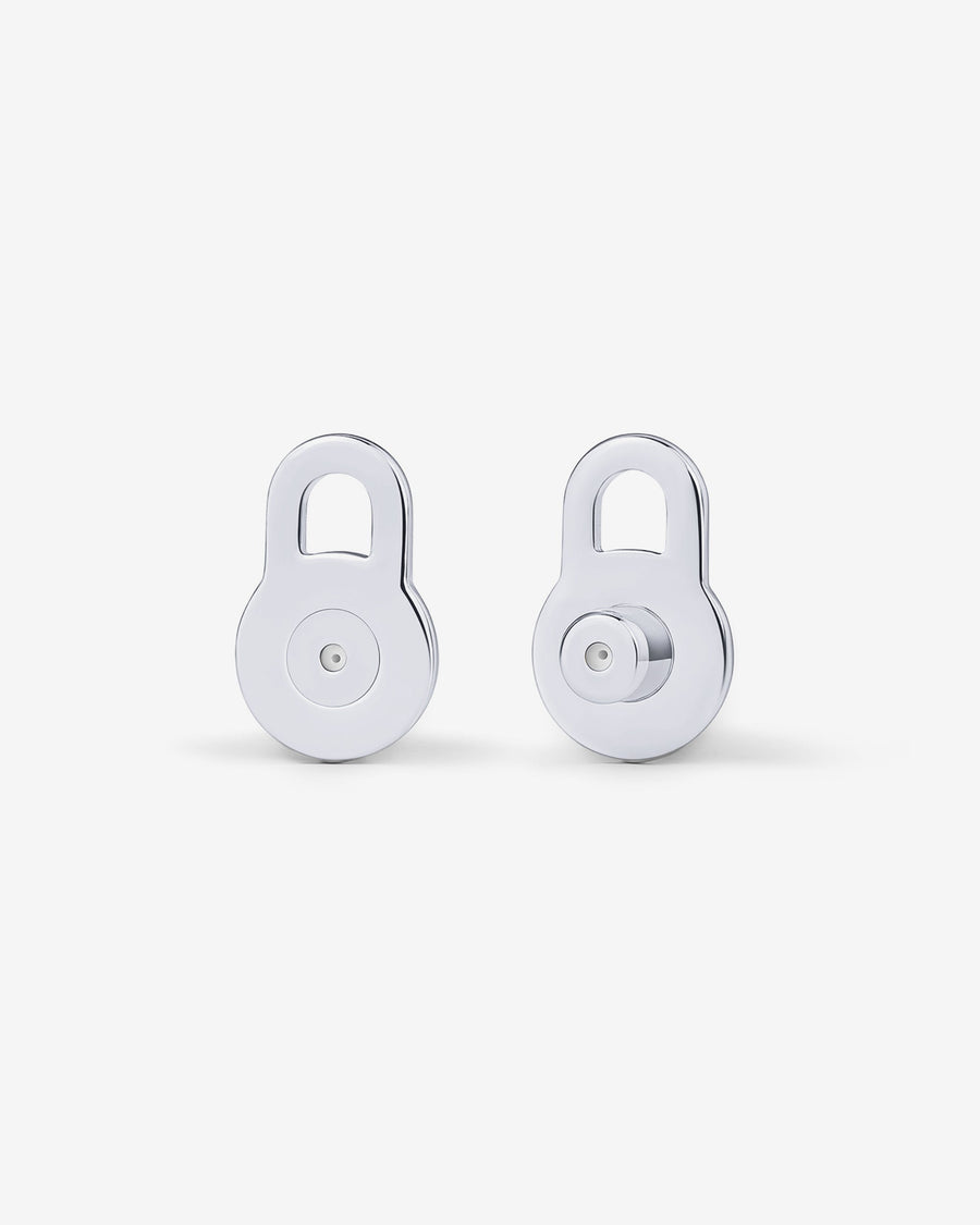 White Gold Iris Lobe Lifters — rhodium plated pair of lock-shaped stud earrings