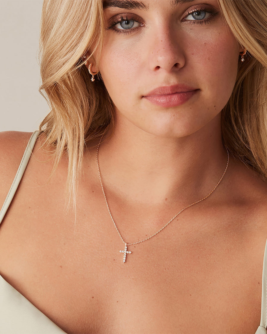 Rose Gold Juna Cross Pendant — worn