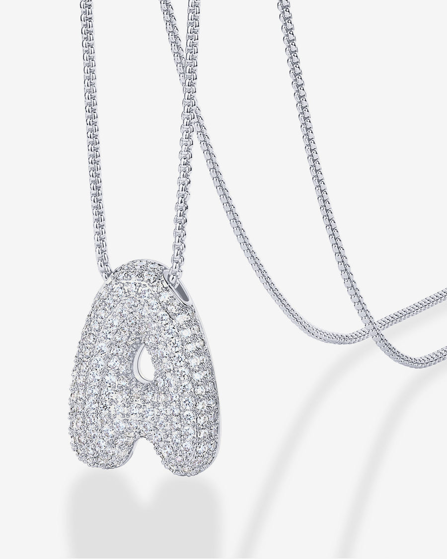 White Gold Kiki Sparkling Initial Necklace — rhodium plated pave cubic zirconia initial pendant, shown in letter A