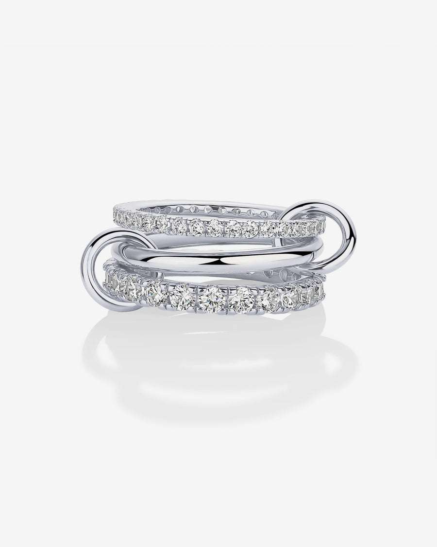 White Gold Lotte Interlocking Triple Band Ring — three interlocking bands in rhodium plated brass with pavé cubic zirconia