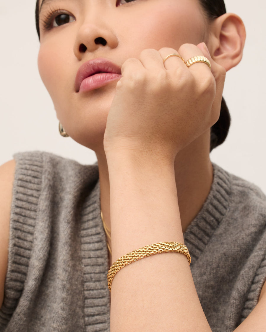 Yellow Gold Marit Chunky Chain Bracelet — styled with rings