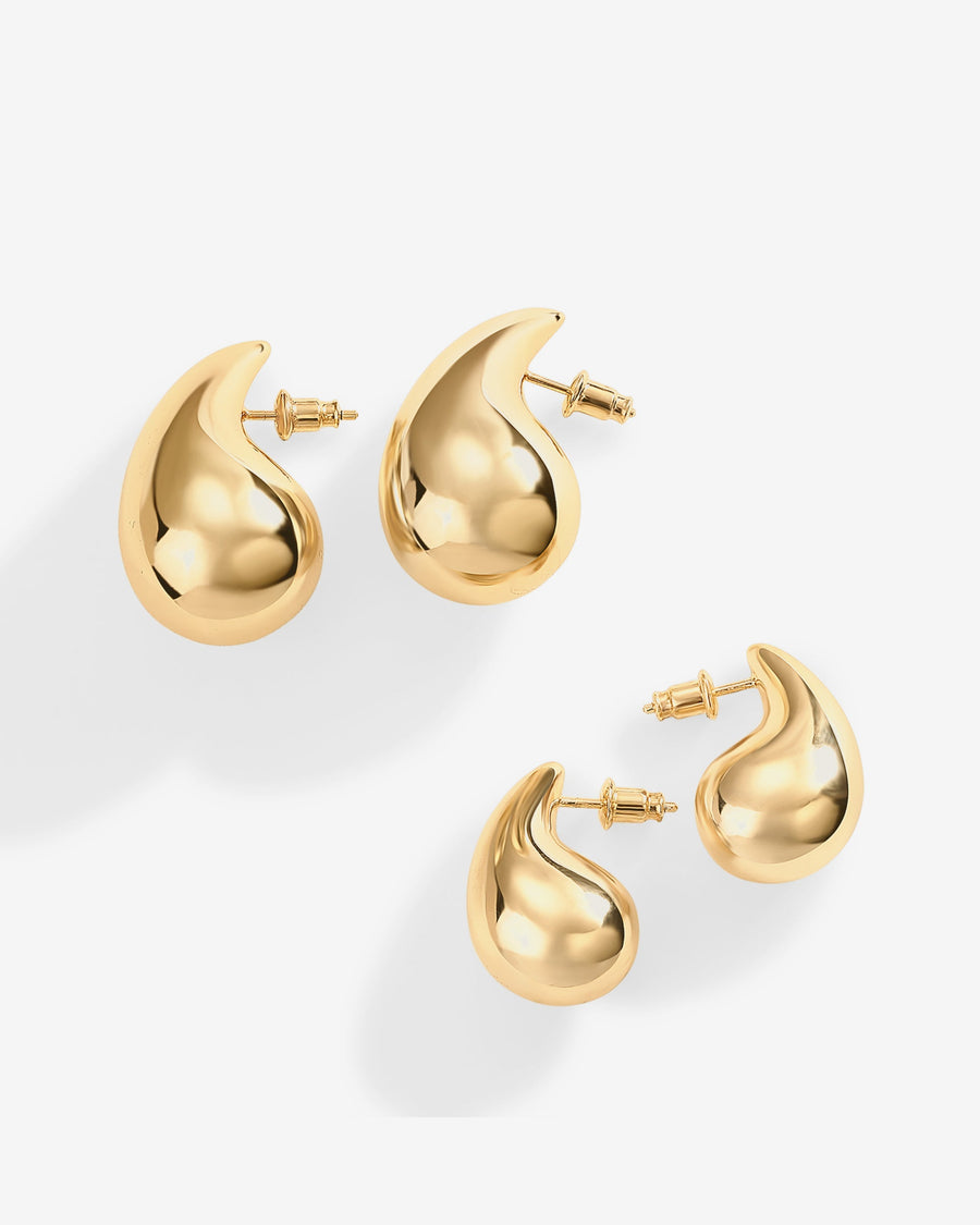 Yellow Gold Merel Teardrop Hoop Earrings — shown in both sizes