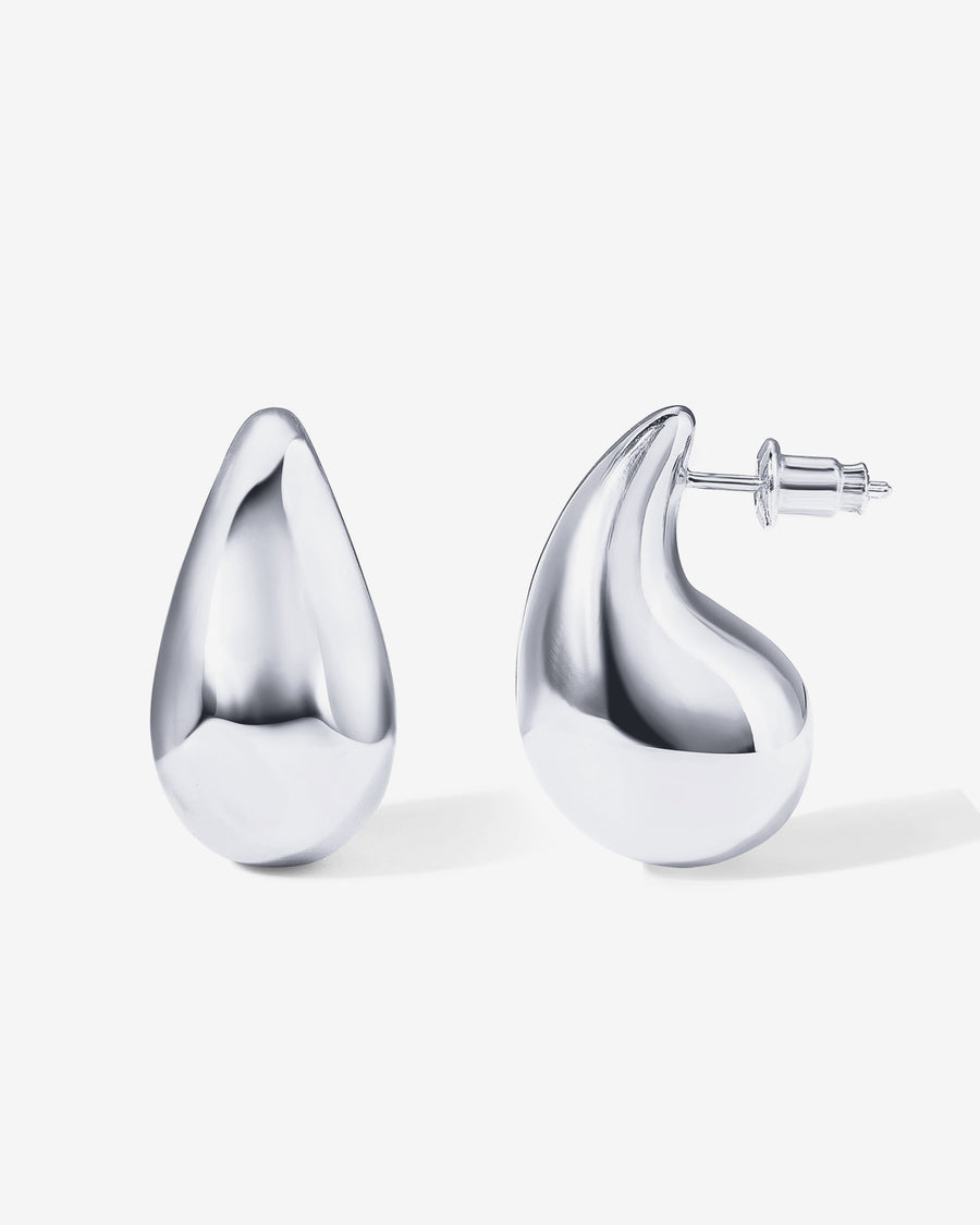 White Gold Merel Teardrop Hoop Earrings — rhodium plated teardrop-shaped hoop