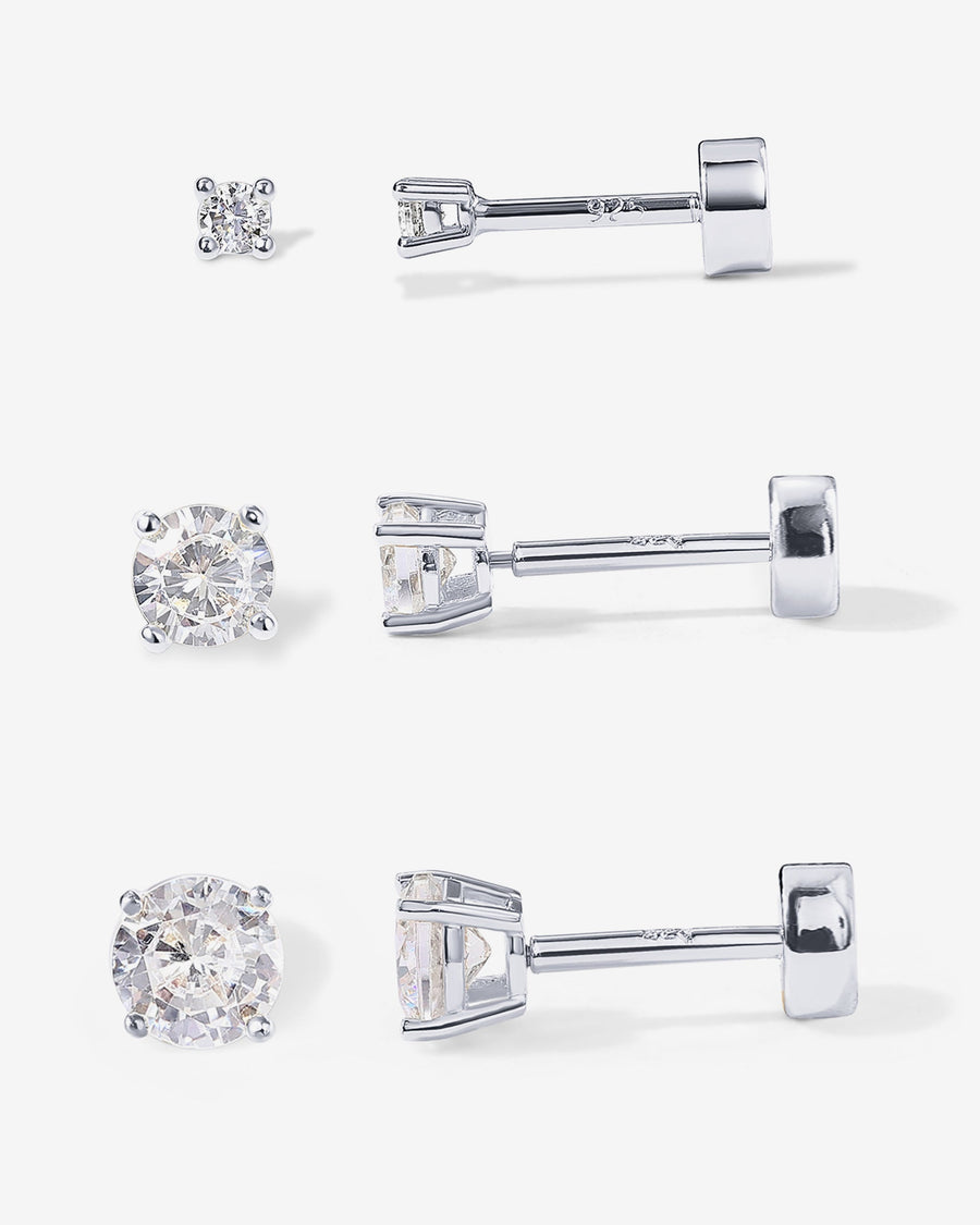 White Gold Mila Flat Back Studs — rhodium plated set of three sizes