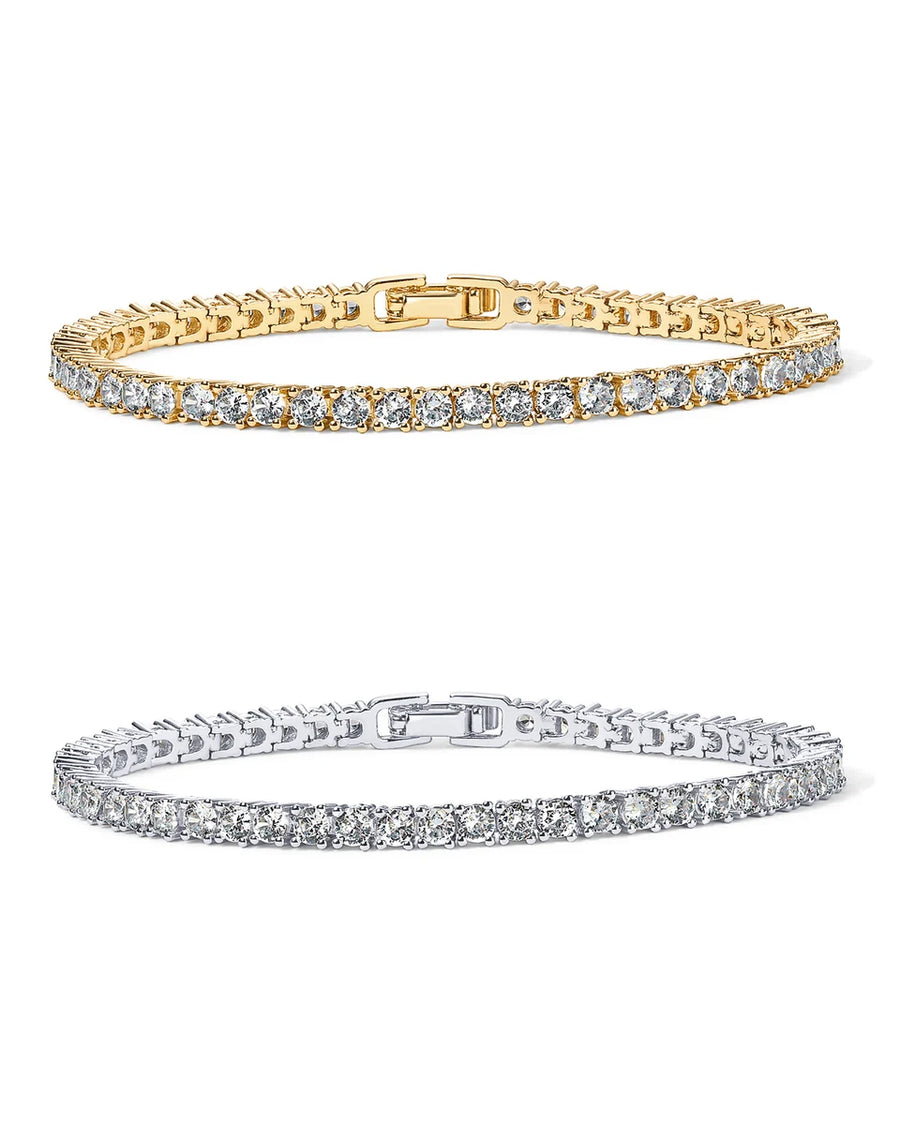Elin Tennis Bracelet — yellow gold and white gold side by side