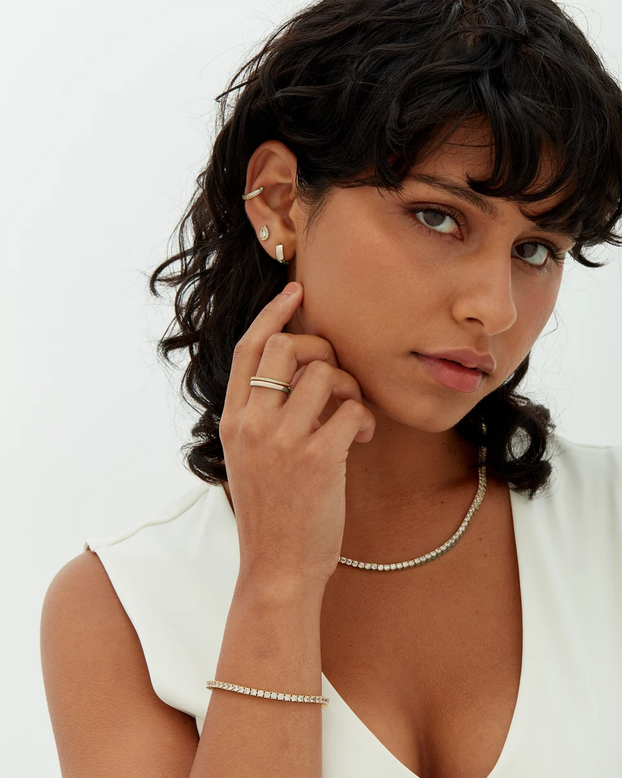 White Gold Elin Tennis Bracelet — styled with earrings and a fine chain