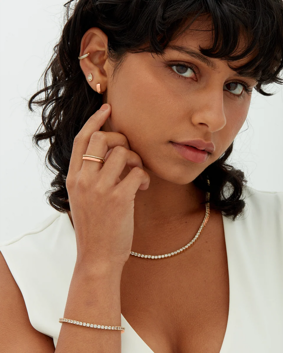 Rose Gold Elin Tennis Bracelet — styled with earrings and a fine chain