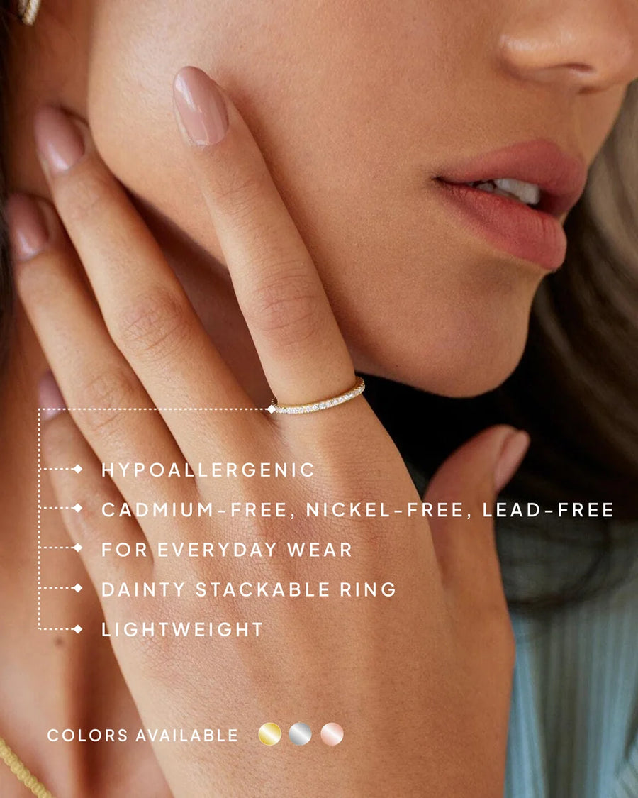 Vera Eternity Band — all three finishes stacked