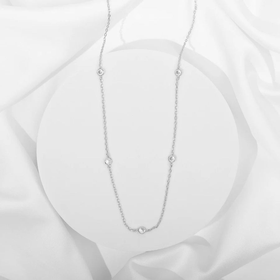 White Gold Lieve Station Necklace — full rhodium plated necklace with five stations