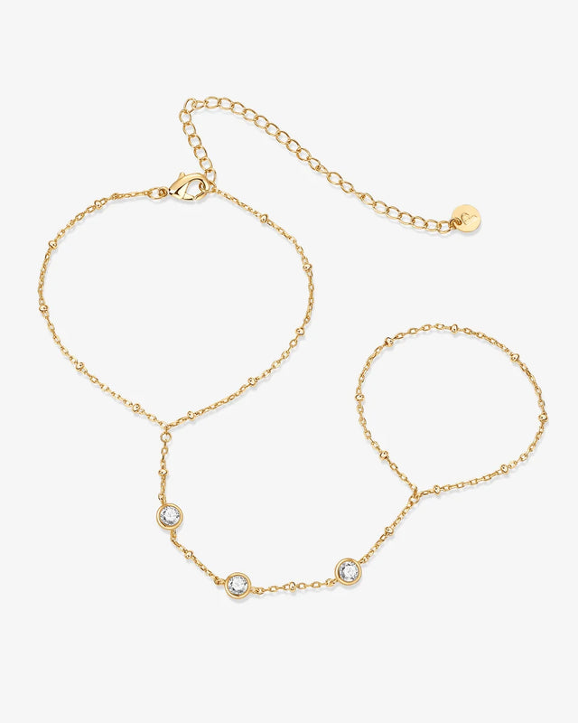 Yellow Gold Saskia Hand Chain — ring-to-wrist chain with three cubic zirconia stations
