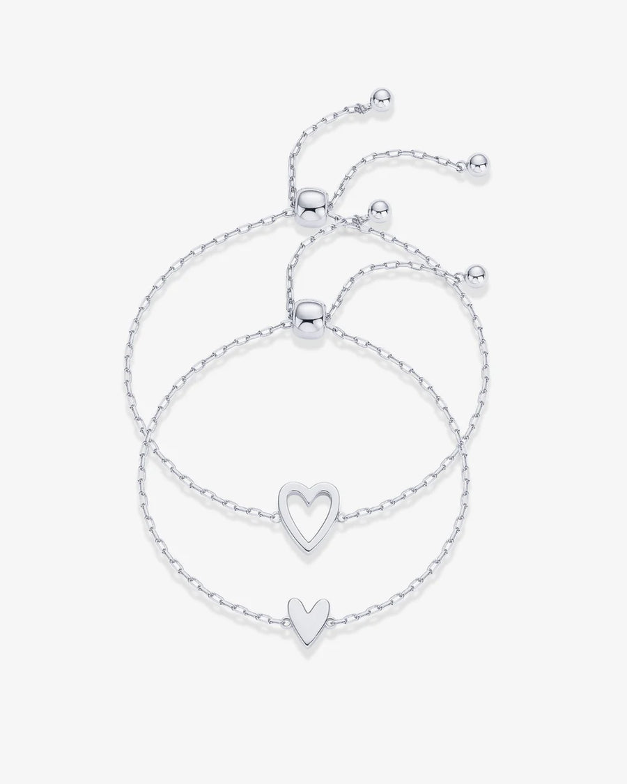 White Gold Nova Heart Bolo Bracelet — both charm styles