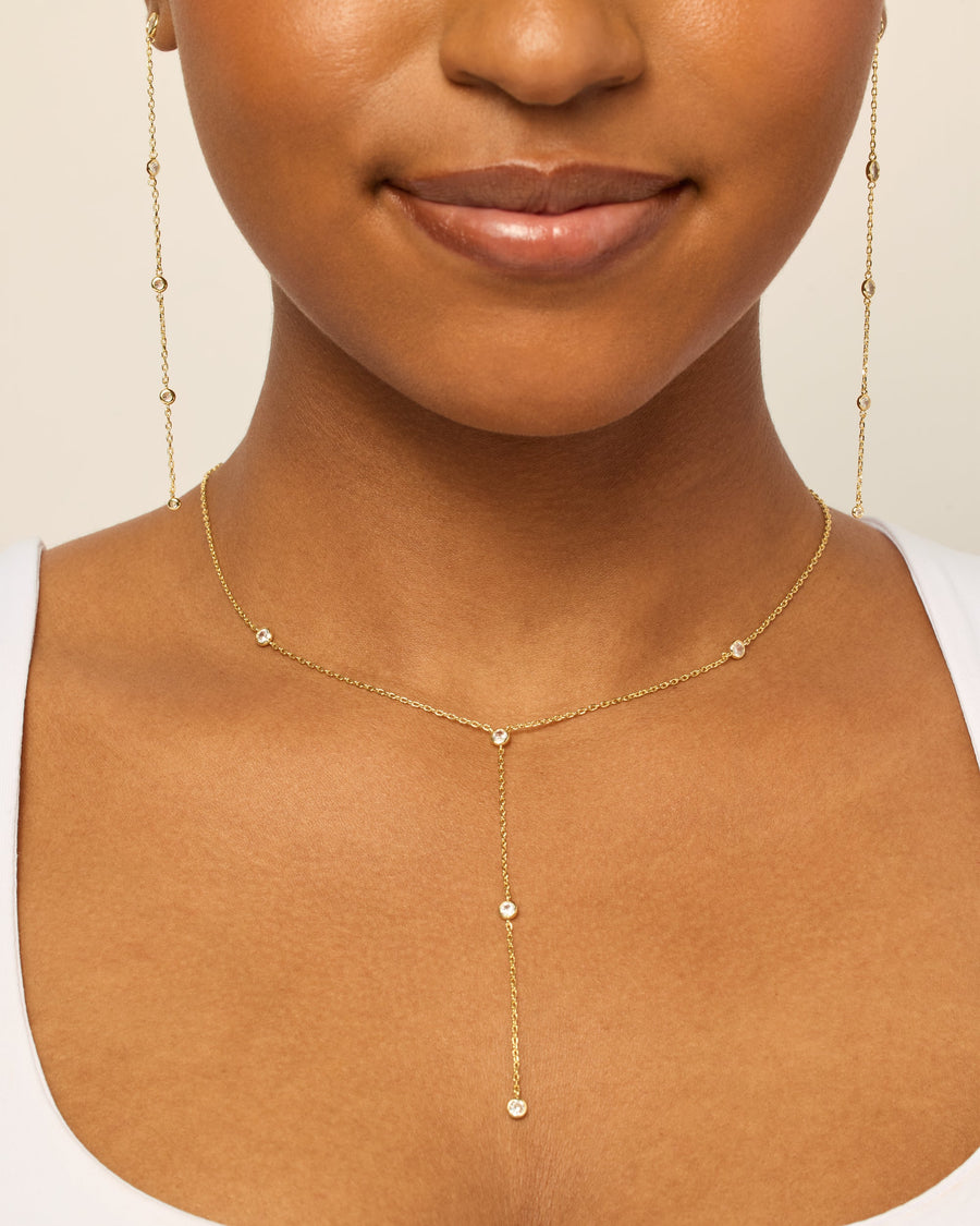 Yellow Gold Nina Lariat Station Necklace — worn at the neckline