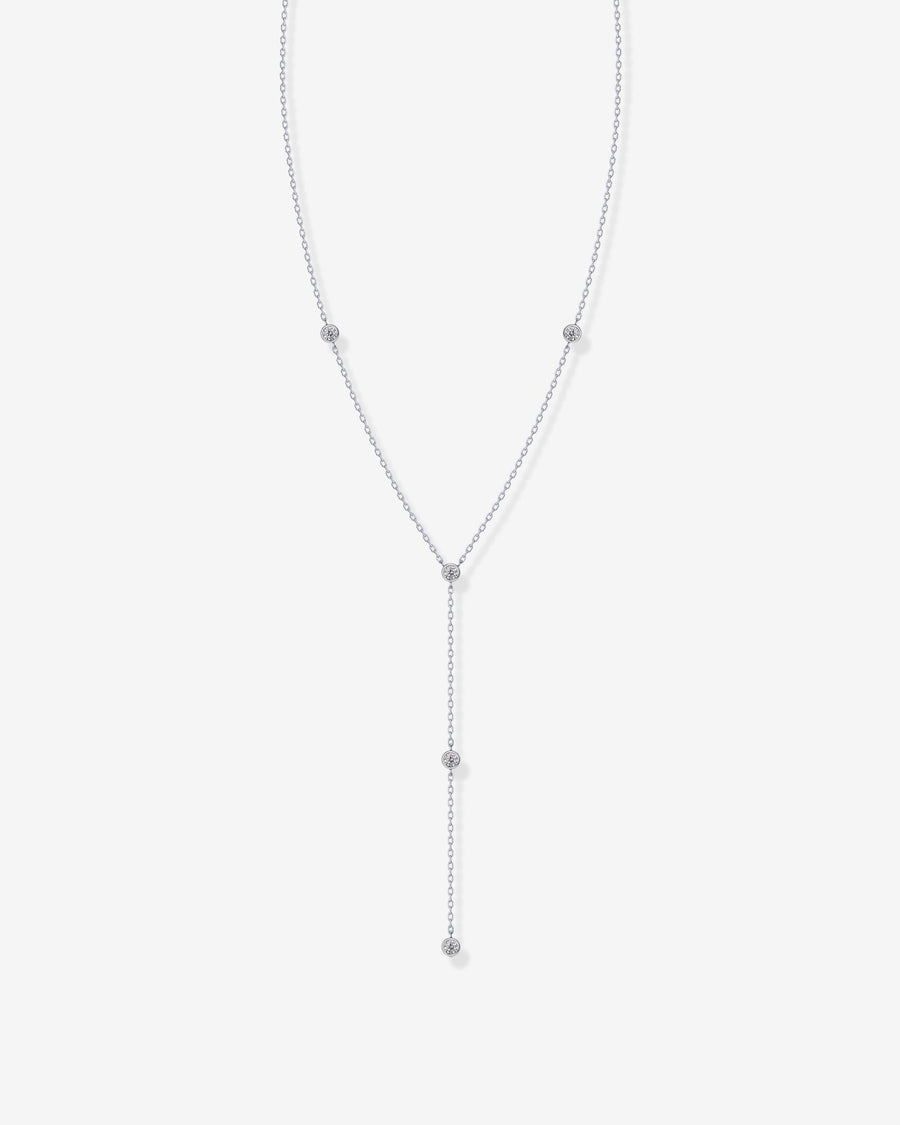 White Gold Nina Lariat Station Necklace — rhodium plated cubic zirconia station necklace with lariat drop