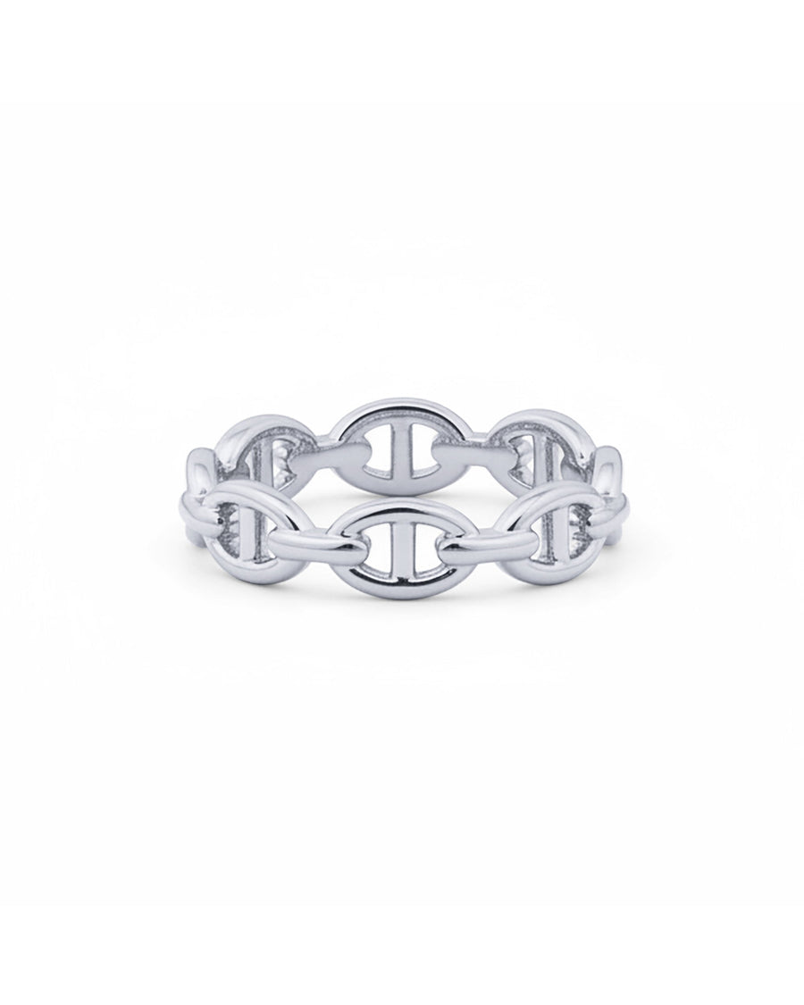 White Gold Puck Chain Link Ring — rhodium plated anchor-link chain ring in waterproof stainless steel