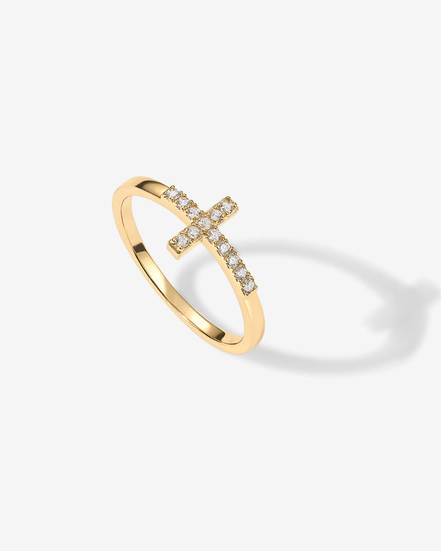 Yellow Gold Roos Cross Ring — sideways cross ring with brilliant-cut cubic zirconia