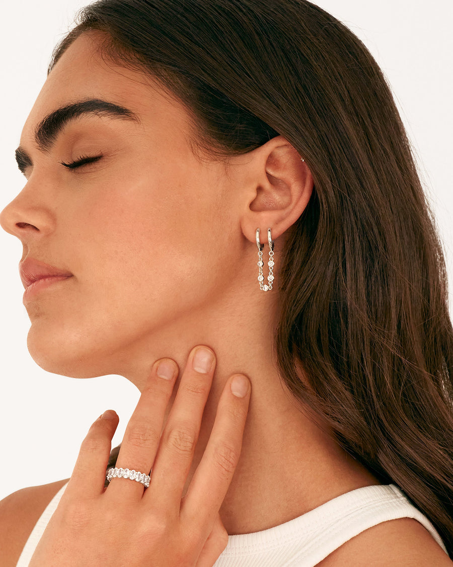 White Gold Sanne Chain Drop Earrings — worn on the ear