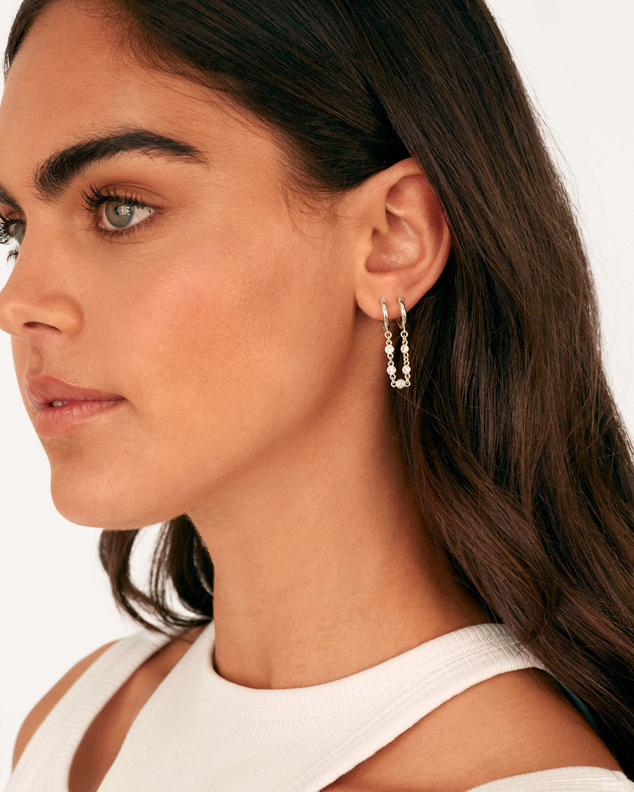 White Gold Sanne Chain Drop Earrings — worn detail