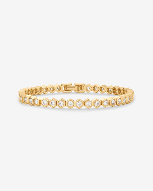 Yellow Gold Suze Honeycomb Tennis Bracelet — honeycomb-link tennis bracelet in 14K gold plated brass