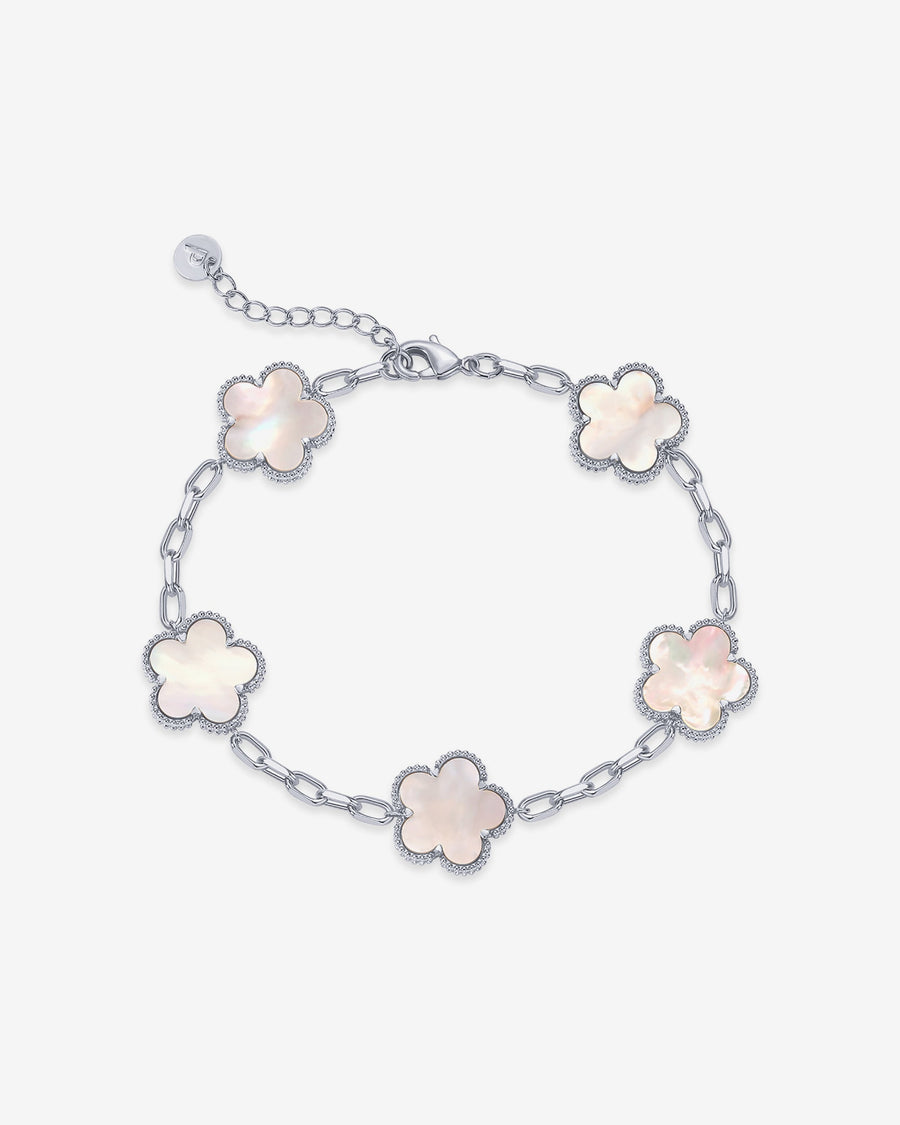 White Gold Tessa Clover Bracelet — rhodium plated clover charm bracelet with mother of pearl
