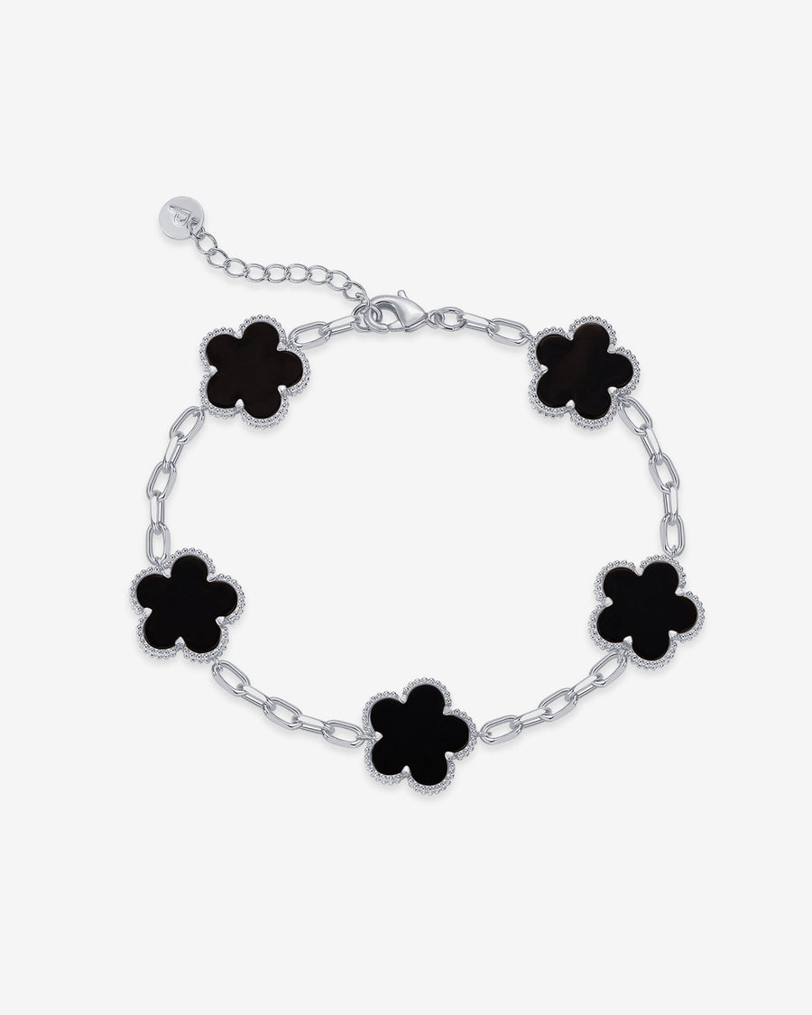 White Gold Tessa Clover Bracelet — rhodium plated clover charm bracelet with black onyx